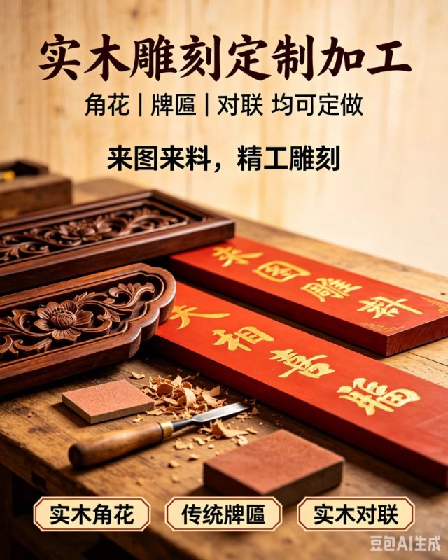 专业实木雕刻加工，各类木雕一站式定制！
实木雕花角花、门头牌匾、实木对联均可定（第 1 张）
