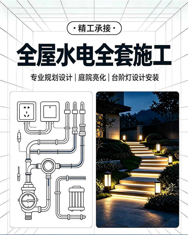 精工承接
全屋水电全套施工
专业规划设计|庭院亮化|台阶灯设计安装
快速上（第 1 张）