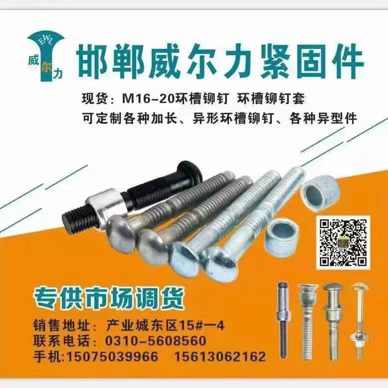 威尔力紧固件制造公司
现货:M16-20环槽铆钉 环槽铆钉套
可定制各种加长（第 1 张）