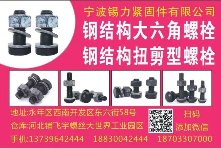 宁波锡力紧固件有限公司
钢结构大六角螺栓 钢结构扭剪型螺栓
质量第一，诚信为（第 1 张）