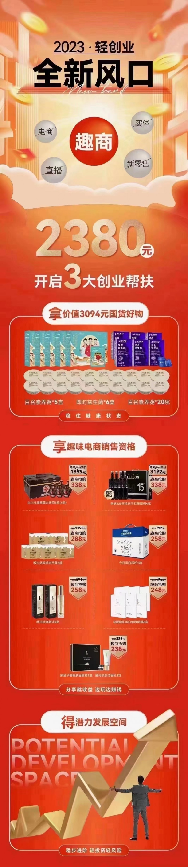 趣味电商2380套餐
轻松创业
全程商业指导帮扶优享财富进阶
学院式商业培（第 1 张）
