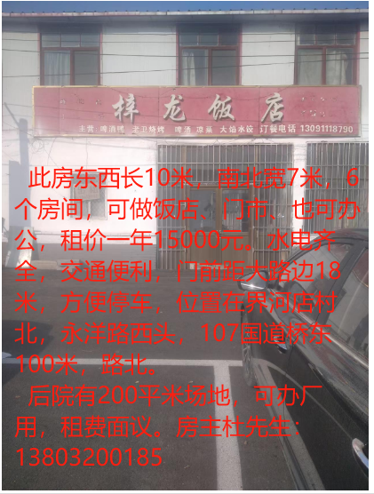 此房东西长10米，南北宽7米，6个房间，可做饭店、门市、也可办租价一年15000（第 1 张）