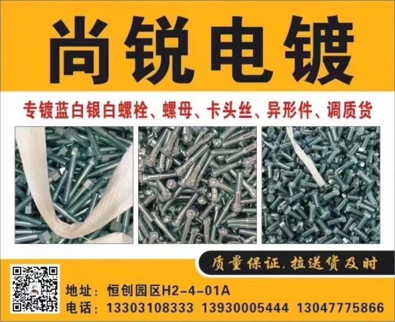 尚锐电镀
专镀蓝白银白螺栓、螺母、卡头丝、异形件、调质货（第 1 张）