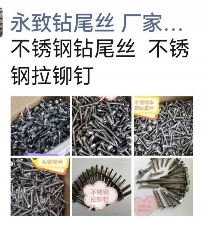 永致滏通钻尾丝 
拉铆钉（国标非标 烤漆 沉头 封闭 全铁）不锈钢钻尾丝 尼龙（第 3 张）