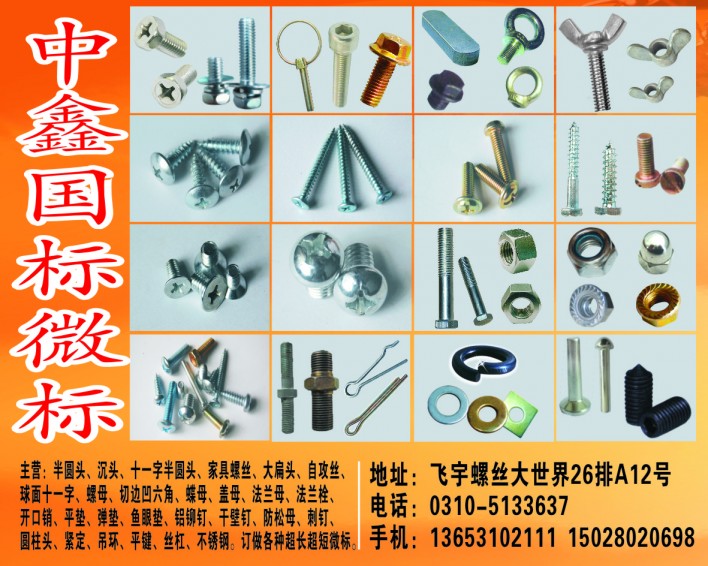 主营产品:半圆头十一字，沉头十字，半圆头内六角，家具丝盘头，法兰栓，大扁头螺丝，（第 1 张）