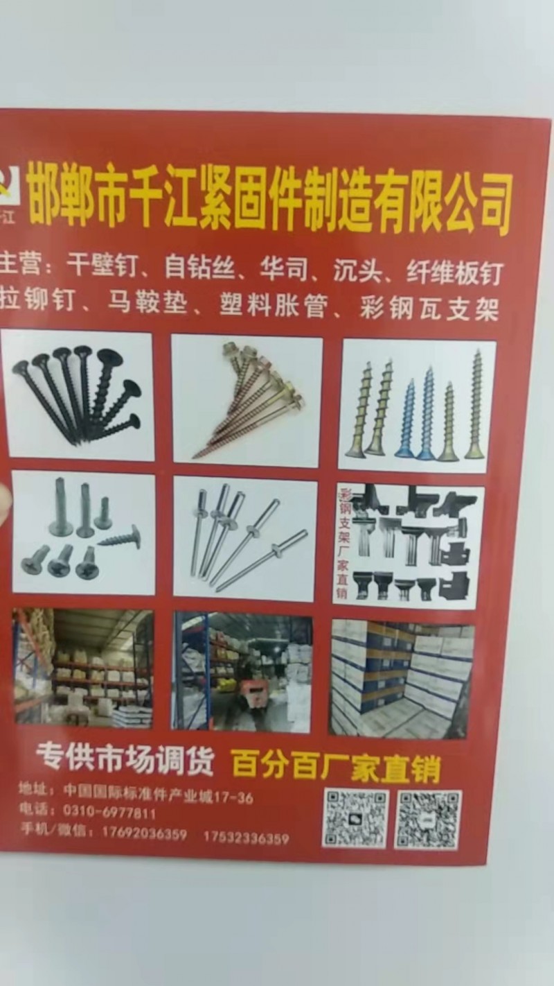 主营:干壁钉、自钻丝、华司、沉头、纤维板钉拉铆钉、马鞍垫、塑料胀管、彩钢瓦支架（第 1 张）