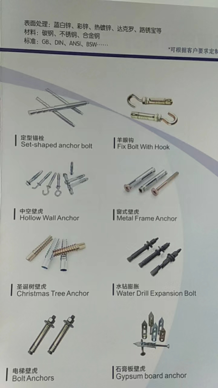 表面处理:蓝白锌、彩锌、热镀锌、达克罗、路锈宝等 
材料:碳钢、不锈钢、合金钢（第 1 张）