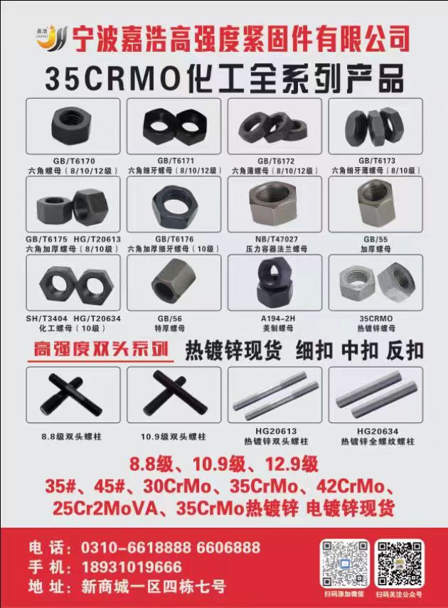 宁波嘉浩高强度紧固件有限公司
主营：GB6170高强度螺母、GB6171细扣螺（第 2 张）