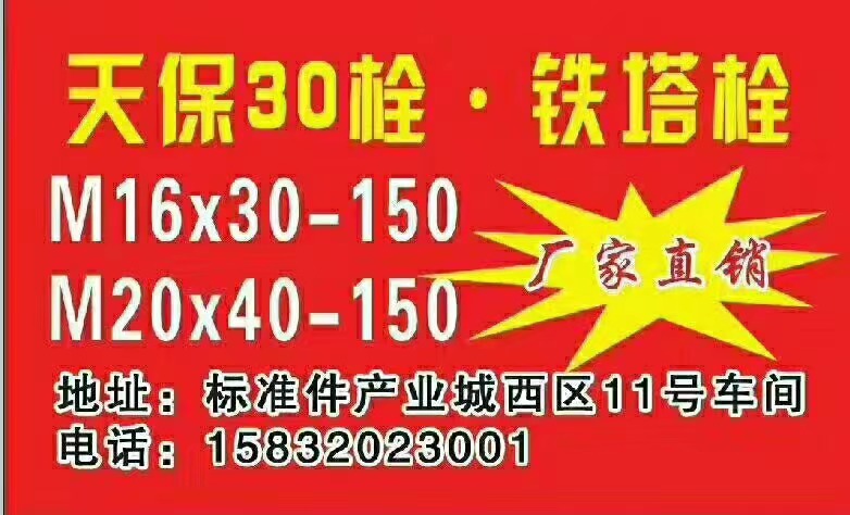 天保30栓·铁塔栓 厂家直销
M16x30-150
M20x40-150（第 1 张）