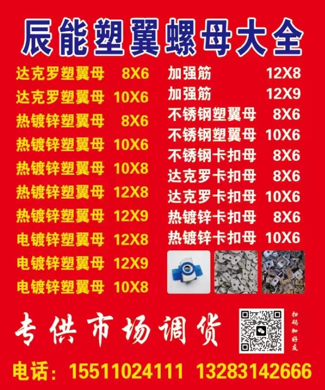 辰能塑翼螺母大全 专供市场调货 
达洣氦克罗塑翼母8X6
达克罗塑翼母 10（第 1 张）