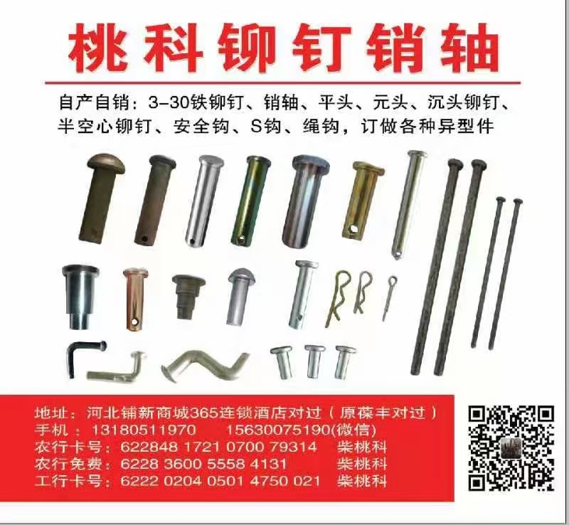桃科铆钉销轴 
自产自销:3-30铁铆钉、销轴、平头、元头、沉头铆钉、半空心铆（第 1 张）