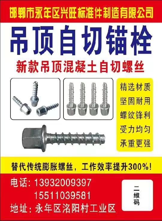 邯郸市永年区兴开标准件制造有限公司 
吊顶自切锚栓 ，新款吊顶混凝土自切螺丝，（第 1 张）