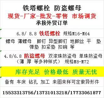 铁塔螺栓 防盗螺母
现货-厂家-批发-零售 市场调货
承接外贸订单
6.8（第 1 张）