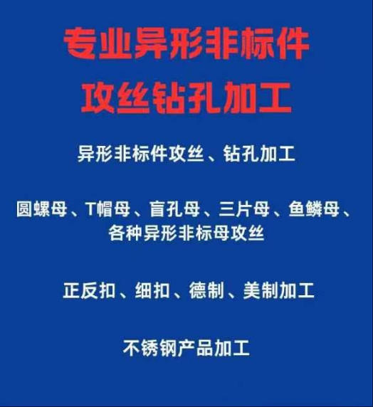 专业异形非标件攻丝钻孔加工 
异形非标件攻丝、钻孔加工 圆螺母、T帽母、盲孔母（第 1 张）