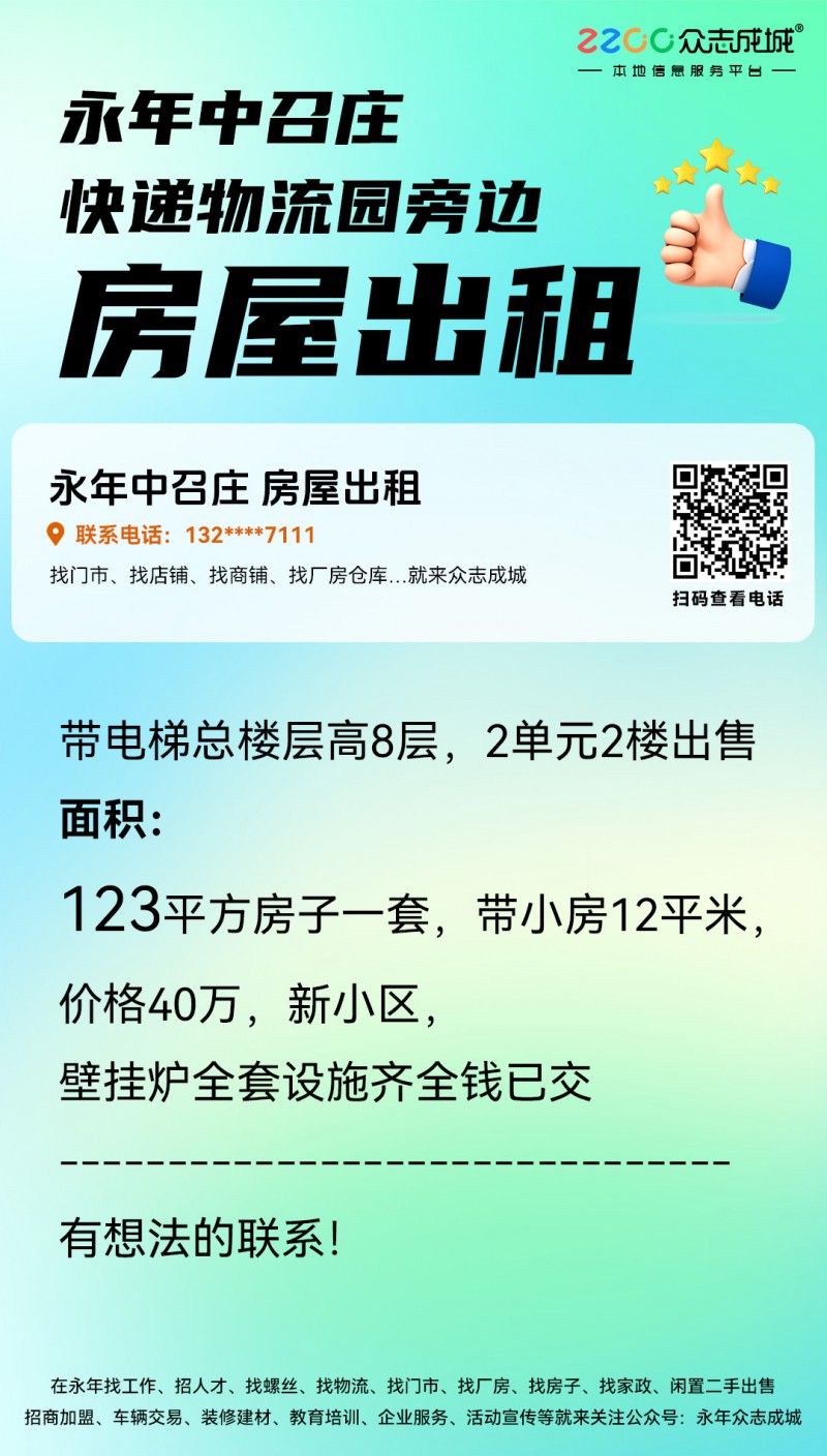 带电梯总楼层高8层，2单元2楼出售123平方房子一套，带小房12平米，有想法的联（第 1 张）