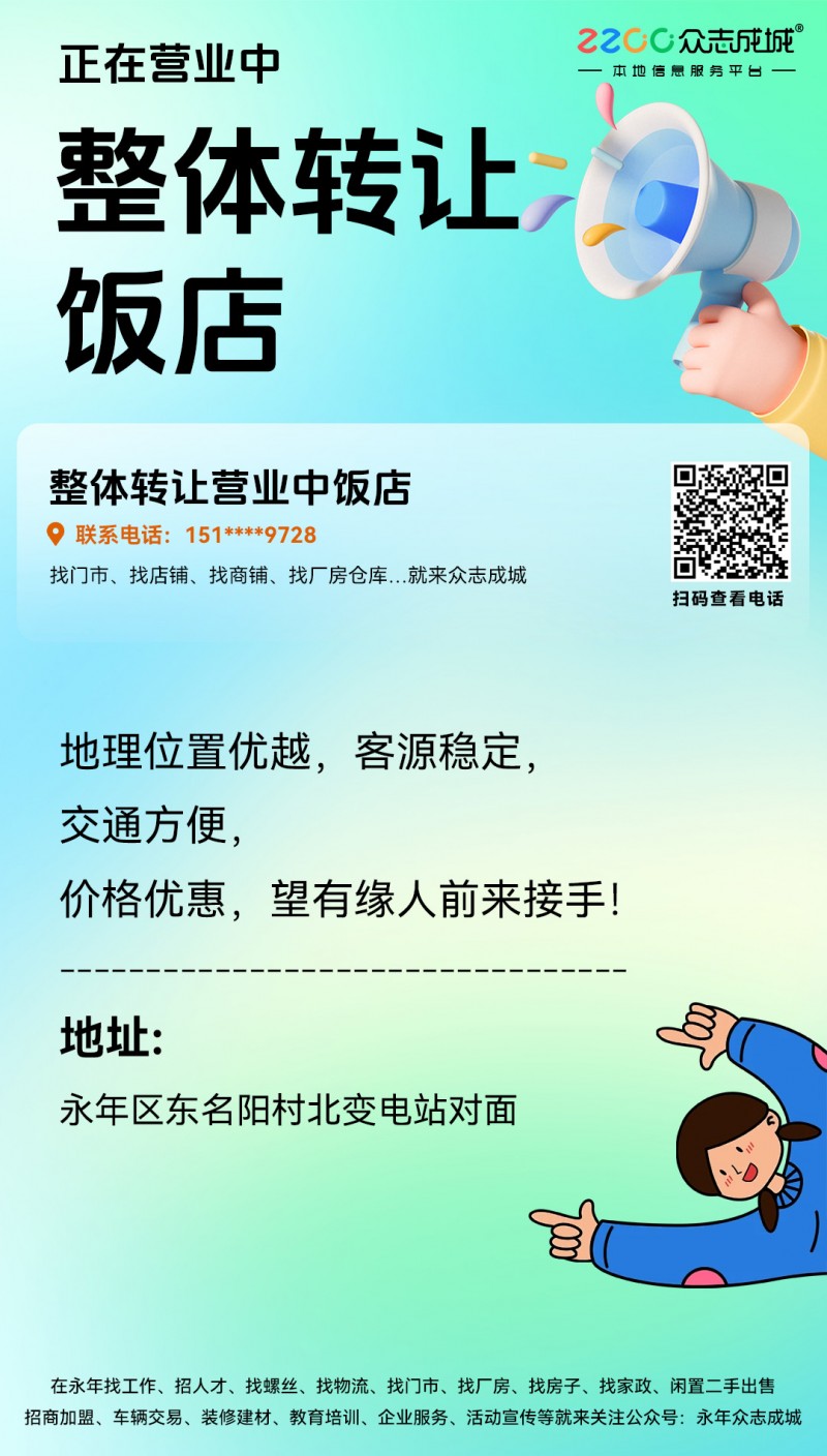 整体转让饭店:转让正在营业中的饭店，地理位置优越，客源稳定，交通方便，2万元，望（第 1 张）