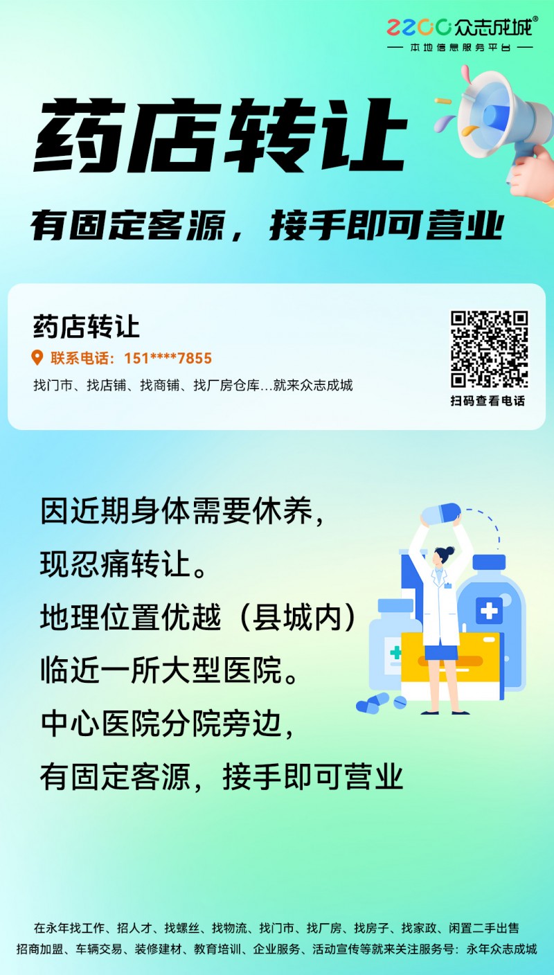 药店转让。因近期身体需要休养，现忍痛转让。地理位置优越（县城内），临近一所大型医（第 1 张）