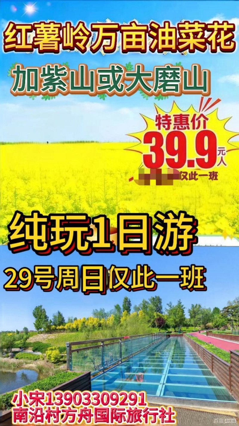 万亩油菜花海➕紫山或大磨山，纯玩1日游29号周日仅此一班，名额有限
特价39.（第 1 张）